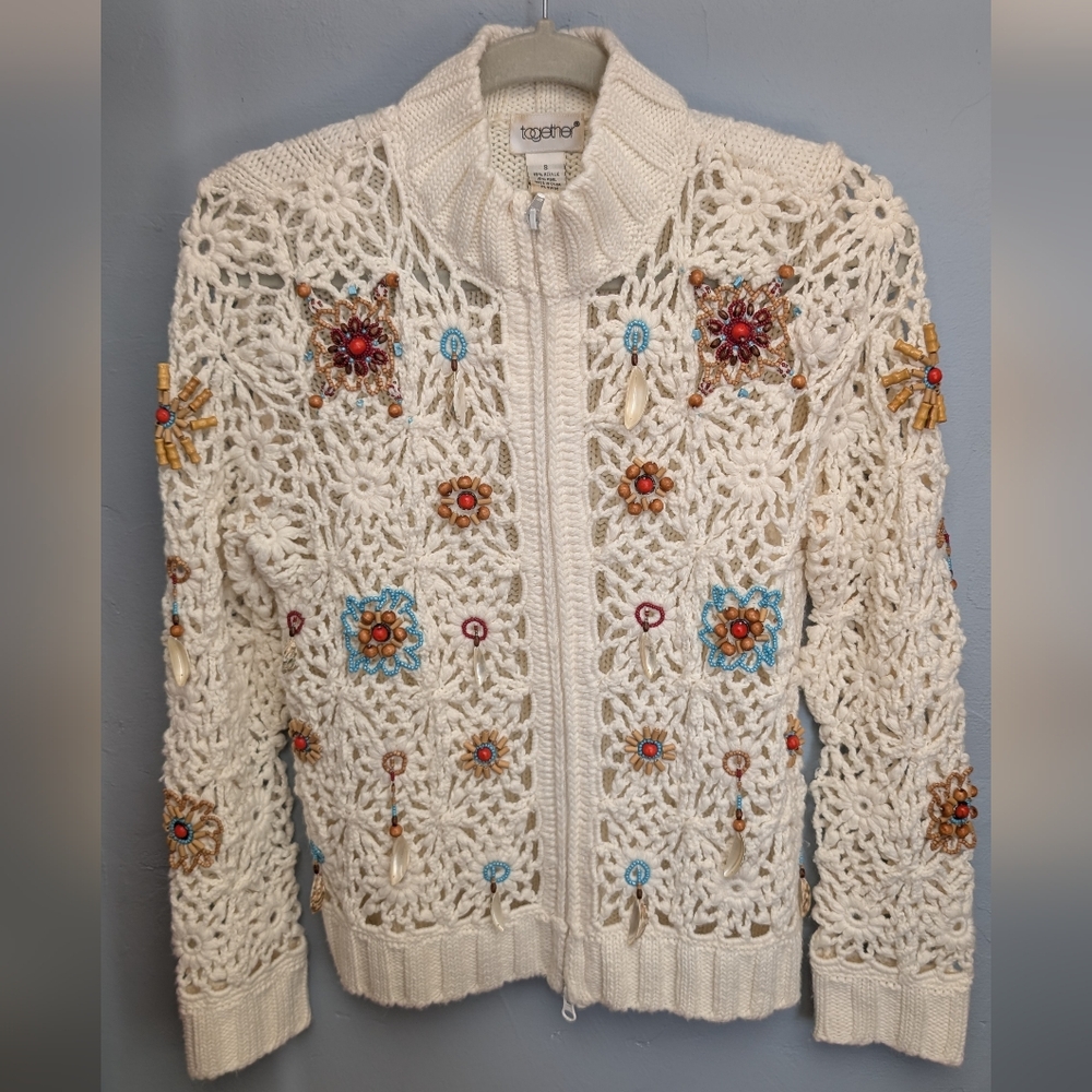 Together Cream Crochet Cardigan with Shells and Natural Beads